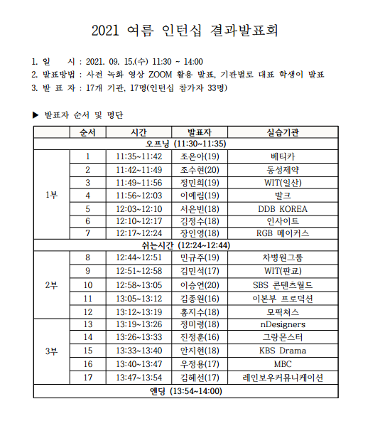 2021년 여름 인턴십 결과발표회